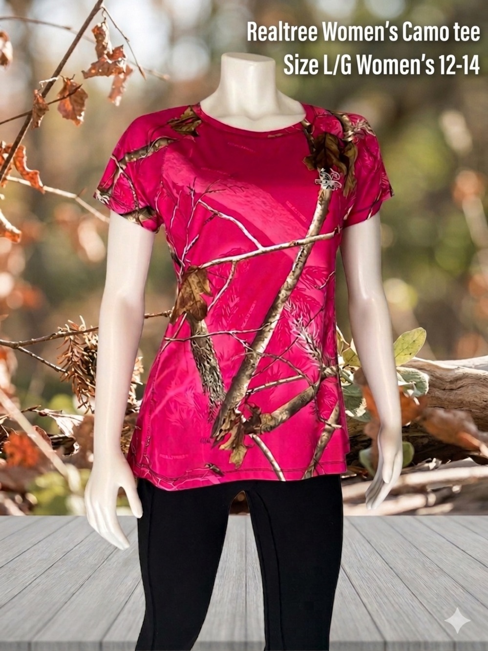 Realtree Women’s Hot Pink Camo Short Sleeve Tee Shirt Size L/G 12-14